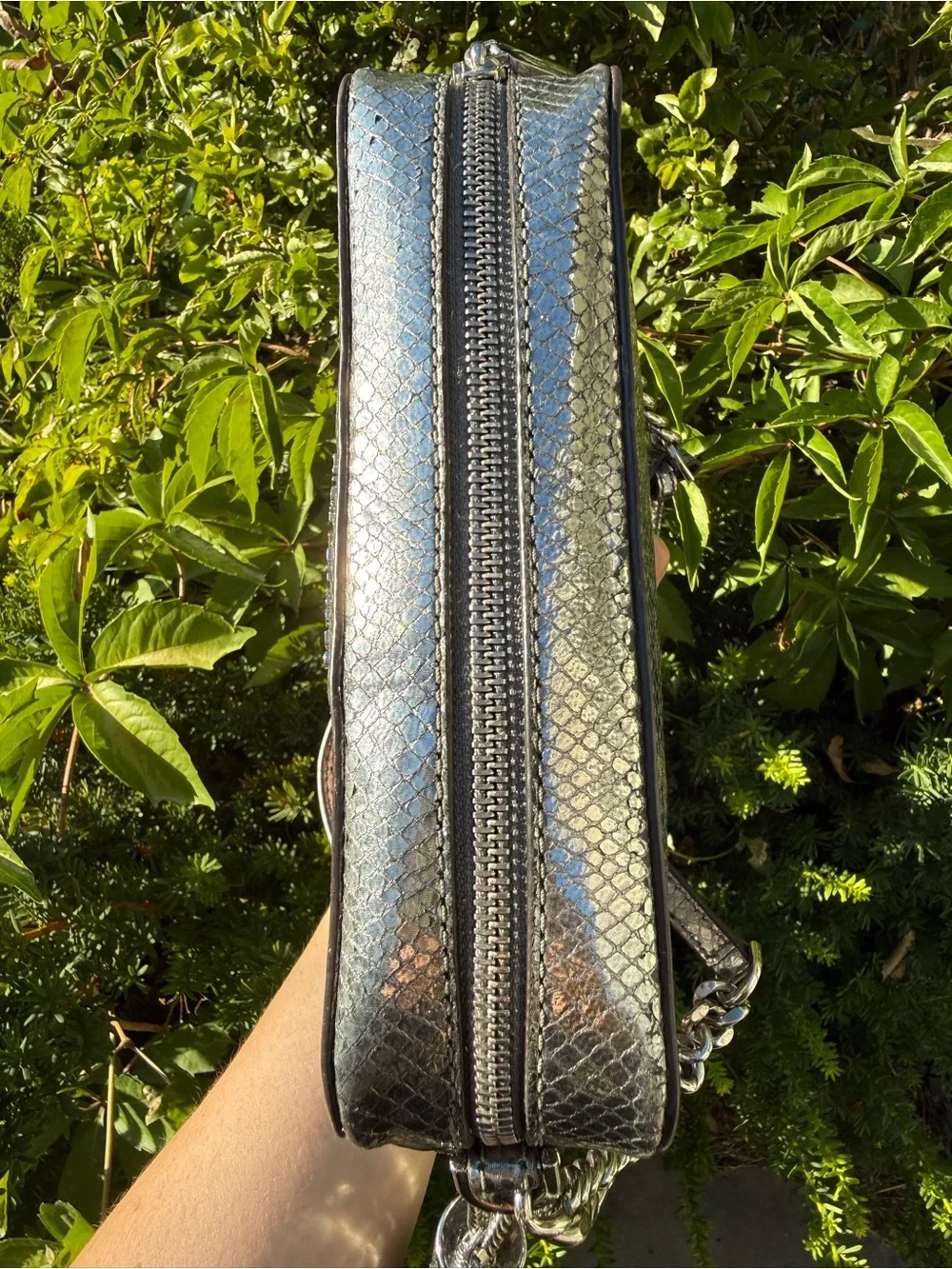 Michael Kors Ginny Metallic Pewter Snakeskin Camera Crossbody Bag READ DESC.